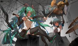  2girls ahoge black_footwear black_gloves black_legwear black_skirt black_sleeves blush boots breasts chinese_commentary commentary_request detached_sleeves dm_(dai_miao) drum elbow_gloves frankenstein_(masterwork_apocalypse) frilled_skirt frills gloves green_eyes green_necktie hatsune_miku hatsune_miku_(masterwork_apocalypse) hatsune_miku_(vocaloid4) high_heel_boots high_heels highres holding holding_microphone instrument keyboard_(instrument) large_breasts long_hair looking_at_viewer masterwork_apocalypse medium_breasts microphone multiple_girls necktie open_mouth shirt short_hair sitting skirt sleeveless sleeveless_shirt smile thigh_boots thighhighs twintails v4x very_long_hair vocaloid white_shirt 