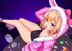  animal_ears animal_hood arm_behind_back azur_lane blonde_hair blue_bow blue_eyes blue_ribbon blush boots bow braid breasts candy card checkered_floor choker cleavage collarbone commentary_request corrupted_file cup drinking_glass eating eyebrows fake_animal_ears female fishnets floor food fur-trimmed_jacket fur_trim groin hair_ornament hair_ribbon hairclip handheld_game_console high_heel_boots high_heels highres hood hooded_jacket jacket legs legs_together leotard long_hair long_sleeves looking_at_viewer mahjong mahjong_tile noe_(ppppriver) official_alternate_costume pantyhose parted_bangs pink_bow pink_choker pink_footwear pink_jacket pink_ribbon platform_footwear platform_heels playboy_bunny pot_of_greed purple_bow purple_ribbon rabbit_ears rabbit_hood ribbon rubik&#039;s_cube see-through see-through_legwear shoes sidelocks sitting sitting_on_table small_breasts solo stephen_potter_(azur_lane) stephen_potter_(chillaxation_station)_(azur_lane) striped striped_ribbon table thigh_gap thighs tongue tongue_out twin_braids wine_glass yu-gi-oh! 