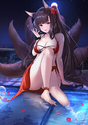  absurdres air_bubble akagi_(azur_lane) akagi_(paradise_amaryllis)_(azur_lane) animal_ear_fluff animal_ears anklet ass_visible_through_thighs azur_lane bare_legs bare_shoulders barefoot bikini blunt_bangs breasts brown_hair brown_tail bubble building city_lights cityscape cleavage commentary empty_eyes english_commentary eyebrows feet female flower fox_ears fox_tail glass guard_rail hair_flower hair_ornament hand_on_floor hand_up handrail head_tilt highres jewelry kitsune knee_up kyuubi large_breasts leaning leaning_back legs lemontea_(ekvr5838) long_hair looking_at_viewer moon moonlight multiple_tails night night_sky official_alternate_costume open_mouth petals petals_on_liquid ponytail pool railing red_bikini red_eyes rooftop sarong scrunchie sidelocks sitting sky skyscraper smile soaking_feet star_(sky) swimsuit tail thighs toes toes_up very_long_hair wrist_scrunchie 