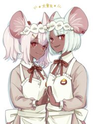  2girls animal_ears apron blush breasts collared_shirt daikokuten_(fate) dark-skinned_female dark_skin fate/grand_order fate_(series) grey_shirt highres long_sleeves looking_at_viewer maid_headdress medium_breasts mouse_ears mouse_girl multiple_girls open_mouth pink_hair red_eyes shirt short_hair smile tekuteku_aruko twintails white_apron white_hair 