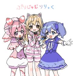  3girls :d animal_ear_headphones animal_ears bad_id bad_pixiv_id blue_bow blue_dress blue_eyes blue_hair blush bow capelet cat_ear_headphones cat_ears commentary_request dress duplicate fake_animal_ears gloves hair_between_eyes hairbow hat headphones holding holding_microphone hood hood_down hooded_jacket ienaga_mugi ienaga_mugi_(1st_costume) jacket long_sleeves looking_at_viewer microphone multiple_girls nijisanji open_mouth outstretched_arm pink_bow pink_capelet pink_headwear pixel-perfect_duplicate puffy_short_sleeves puffy_shorts puffy_sleeves red_bow short_shorts short_sleeves shorts simple_background sleeves_past_wrists smile striped_clothes striped_jacket striped_shorts translation_request twintails ushimi_ichigo ushimi_ichigo_(1st_costume) v-shaped_eyebrows virtual_youtuber white_background white_gloves white_shorts yamabukiiro yuuki_chihiro yuuki_chihiro_(1st_costume) 