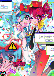  +_- 2girls ;p apron aqua_hair black_nails bow candy chromatic_aberration commentary_request confetti covering_own_mouth double-parted_bangs dress drill_hair english_text error_message food gloves hair_intakes hat hatsune_miku heads_together heart highres kasane_teto leg_up long_hair lyrics mesmerizer_(vocaloid) mixed-language_text multiple_girls multiple_views one_eye_closed open_mouth pants pink_eyes pink_hair pixels pointing red_bow red_pants shaded_face shirt smiley_face sodapop_(iemaki) spoken_heart sticker striped_clothes striped_dress striped_shirt suspenders sweat synthesizer_v teeth tongue tongue_out twin_drills twintails vertical-striped_clothes vertical-striped_dress vertical-striped_shirt vocaloid waist_apron wide-eyed wrist_cuffs yellow_gloves 