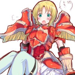  amelia_(fire_emblem) armor blonde_hair female fire_emblem fire_emblem:_the_sacred_stones green_eyes highres looking_at_viewer open_mouth short_hair solo speech_bubble surprised thighhighs translation_request zero-theme 