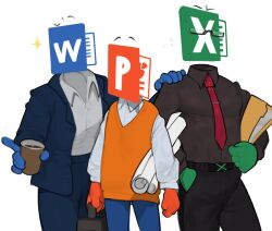  belt beverage bottomwear clothing coffee container cup dress_shirt folder for_a_head group hi_res humanoid kogito living_logo male microsoft microsoft_excel microsoft_office microsoft_powerpoint microsoft_windows necktie not_furry object_head pants paper shirt suit suit_jacket sweater sweater_vest topwear trio vest 