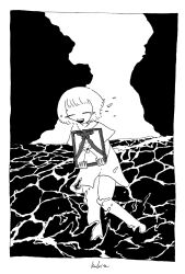  border closed_eyes commentary_request crying dress facing_viewer greyscale highres holding_portrait horizon iei kaduise knees_together_feet_apart medium_hair monochrome ocean open_mouth original outdoors portrait_(object) short_sleeves signature sky smile standing teeth upper_teeth_only wading 