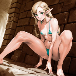  bare_arms bare_legs bare_shoulders barefoot bikini blonde_hair blue_bikini braid breasts cleavage closed_mouth collarbone covered_nipples dungeon_meshi female green_eyes highres long_hair long_pointy_ears marcille_donato medium_breasts micro_bikini midriff minamoto80486 navel pointy_ears smile solo squatting swimsuit underboob 