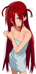  ahoge aqua_eyes bare_shoulders breasts cleavage commentary_request cropped_legs female frown highres hipa_(some1else45) long_hair open_mouth original red_hair side_ponytail small_breasts some1else45 standing towel_around_breasts white_background 