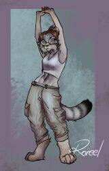  anthro biped bottomwear brown_hair cargo_pants cheek_tuft clothed clothing crop_top ears_up exposed_feet eyebrows eyelashes eyewear facial_tuft felid feline female fur_pattern glasses hair hi_res looking_at_viewer mammal multicolored_body multicolored_tail navel pallas&#039;s_cat pants paws pink_nose portrait raised_arms roreel round_glasses shirt simple_background solo solo_focus standing tail topwear tuft 