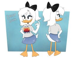  alternative_fashion anatid anseriform anthro avian avian_butt band_shirt barefoot big_breasts bird black_hair_bow bottomwear breasts clothing daisy_duck denim denim_bottomwear denim_clothing denim_skirt disney duck duck_footed ducktales ducktales_(2017) exposed_butt feet female grunge_(fashion) grunge_(genre) hair hi_res long_hair model_sheet mr._blue_(artist) non-mammal_breasts pearl_jam ponytail raised_hand shirt skirt smile solo t-shirt topwear white_clothing white_shirt white_t-shirt white_topwear 