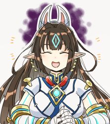  bandaged_arm bandages breasts brown_hair claws closed_eyes core_crystal_(xenoblade) earrings facing_viewer female jewelry kasandra_(xenoblade) long_hair medium_breasts mumu_(pixiv2105321) open_mouth pointy_ears simple_background solo upper_body white_background xenoblade_chronicles_(series) xenoblade_chronicles_2 