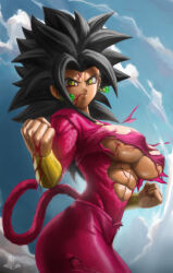  abs absurdres artist_name blood body_fur crop_top dragon_ball dragon_ball_super earrings elite_nappa english_commentary fusion highres jewelry kefla_(dragon_ball) monkey_tail muscular muscular_female potara_earrings red_fur saiyan spiked_hair super_saiyan super_saiyan_4 tail torn_clothes 