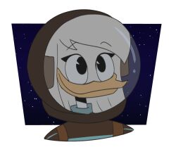  anatid anseriform anthro armor astronaut astronaut_suit avian bird clothing della_duck disney duck ducktales ducktales_(2017) female hair happy headgear headshot_portrait helmet long_hair mr._blue_(artist) outerspace portrait proud sky smile solo space space_travel spacesuit star starry_sky suit 