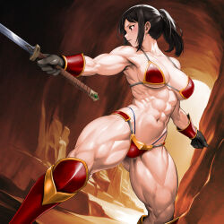  abs armor bare_shoulders bikini_armor black_eyes black_hair breasts cleavage collarbone female gloves greaves grey_gloves highres holding holding_sword holding_weapon long_hair medium_breasts minamoto80486 muscular muscular_female navel original ponytail red_armor solo sword underboob v-shaped_eyebrows weapon 