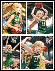  ai_generated armband athletic_female basketball basketball_(ball) basketball_court basketball_jersey basketball_shorts basketball_uniform blonde_hair close-up comic comic_page female fierce focused green_eyes jumping long_hair manga_page maxine(zanimation) number_11 open_mouth original ponytail score sport zanimation 