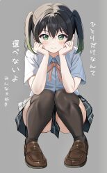  absurdres black_hair black_skirt black_thighhighs blush brown_footwear closed_mouth commentary_request female gradient_hair green_eyes green_hair grey_background hair_between_eyes hands_on_own_cheeks hands_on_own_face highres loafers looking_at_viewer love_live! love_live!_nijigasaki_high_school_idol_club multicolored_hair neck_ribbon nijigasaki_school_uniform pink_ribbon plaid_clothes plaid_skirt pleated_skirt ribbon school_uniform shirt shoes short_sleeves simple_background skirt smile solo squatting takasaki_yu thighhighs thighs translation_request white_shirt zaofeng 