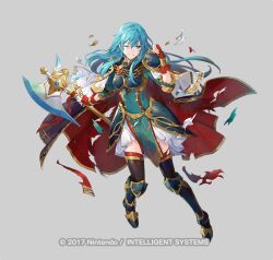  aqua_eyes aqua_hair armor armored_boots axe azu-taro battle_axe blue_armor blue_cape boots breastplate cape earrings eirika_(fire_emblem) eirika_(resolute_princess)_(fire_emblem) female fingerless_gloves fire_emblem fire_emblem_heroes gloves gold_trim hair_between_eyes holding holding_axe jewelry long_hair multicolored_cape multicolored_clothes official_alternate_costume official_art pelvic_curtain red_cape red_gloves solo torn_clothes weapon 