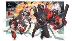  1boy 3girls :d ;d absurdres aiming aiming_at_viewer all_fours anby_demara ancle_(aruncle) animal_ear_fluff animal_ears backpack bag bangboo_(zenless_zone_zero) barcode bare_shoulders bell bicycle billy_kid black_bridal_gauntlets black_footwear black_gloves black_hair black_headphones black_pants black_ribbon black_shorts black_skirt black_thighhighs boots border breasts bridal_gauntlets briefcase brown_eyes cat_ears cat_girl cat_tail character_name chinese_commentary cleavage clothing_cutout commentary_request cutoffs cyborg dark-skinned_female dark_skin english_commentary english_text eous_(zenless_zone_zero) ethereal_(zenless_zone_zero) explosion explosive facial_mark fingerless_gloves foot_up forehead_mark forehead_tattoo full_body glint gloves green_eyes green_footwear green_jacket green_sleeves grenade grey_hair gun hair_ornament hair_ribbon hairband hairclip hands_up heart heart_necklace highres holding holding_briefcase holding_gun holding_sword holding_weapon jacket jewelry long_hair long_sleeves looking_at_viewer midriff multicolored_nails multiple_girls multiple_tails neck_bell necklace nekomiya_mana nicole_demara one_eye_closed open_mouth outside_border outstretched_arms pants pink_hair red_hairband red_jacket red_sleeves revolver ribbon running shorts shoulder_cutout single_thighhigh skirt smile spiked_hair strapless sword tail thigh_boots thighhighs traffic_cone tube_top two_side_up two_tails weapon white_border white_hair white_tube_top zenless_zone_zero 