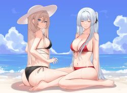  2girls absurdres ak-12_(girls&#039;_frontline) alternate_costume an-94_(girls&#039;_frontline) ass barefoot beach bikini black_bikini black_ribbon blonde_hair blue_eyes blue_hairband blue_sky breasts cleavage closed_eyes closed_mouth cloud cloudy_sky facing_viewer feet front-tie_bikini_top front-tie_top full_body girls&#039;_frontline hair_ribbon hairband hashtag-only_commentary hat highres long_hair looking_at_viewer multiple_girls navel ocean red_bikini ribbon sand sideboob sitting sky smile stomach sun_hat swimsuit talnory toes wariza white_hair 