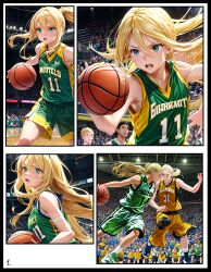  ai_generated armband athletic_female basketball basketball_(ball) basketball_court basketball_jersey basketball_shorts basketball_uniform blonde_hair comic comic_page female fierce focused green_eyes long_hair manga_page maxine(zanimation) number_11 open_mouth original ponytail sport zanimation 