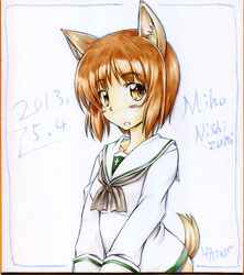  animal_ears artist_name blush brown_eyes brown_hair character_name commentary_request dated dog_ears dog_girl dog_tail female girls_und_panzer graphite_(medium) marker_(medium) masana_hatuse nishizumi_miho ooarai_school_uniform parody school_uniform serafuku shikishi short_hair solo tail traditional_media world_witches_series 