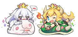  2girls armlet black_dress black_nails blonde_hair blue_eyes blush boo_(mario) bowsette bracelet breath_weapon breathing_fire chibi collar commentary covering_face crown dress earrings fire firuo_(king_fish) frilled_dress frilled_gloves frills ghost gloves hair_between_eyes horns jewelry luigi&#039;s_mansion mario_(series) mini_crown multiple_girls nail_polish new_super_mario_bros._u_deluxe pillow princess_king_boo puffy_short_sleeves puffy_sleeves purple_eyes short_sleeves simple_background speech_bubble sphere_earrings spiked_armlet spiked_bracelet spiked_collar spiked_shell spikes super_crown turtle_shell white_dress white_gloves white_hair 