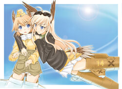  2girls arm_around_shoulder bird_girl bird_tail blonde_hair blue_eyes blush commentary_request flying garrison_cap goggles hanna-justina_marseille hat head_wings jacket leather leather_jacket looking_at_another masana_hatuse military military_uniform multiple_girls raisa_pottgen striker_unit sun tail uniform wings witches_of_africa world_witches_series yuri 