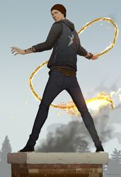  1boy chains chimney commentary delsin_rowe english_commentary fire gb_(doubleleaf) headwear_request highres infamous infamous_second_son jacket male_focus pants plaid plaid_shirt shirt smile smirk smoke solo tattoo tree white_background wrist_chain 