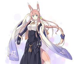  animal_ear_fluff animal_ears arms_up bare_shoulders braid breasts commentary_request female flower fox_ears fox_tail japanese_clothes large_breasts long_hair looking_at_viewer momoyama_tsutsune original pink_hair poco_(asahi_age) smile solo tail very_long_hair wide_sleeves 