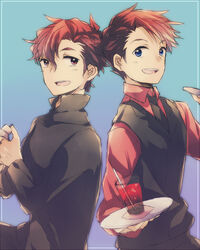  2boys assf_krsya baccano! bad_id bad_pixiv_id blue_eyes claire_stanfield collared_shirt crossover drink drinking_straw long_sleeves male_focus multiple_boys necktie open_mouth red_eyes red_hair shirt smile tray umineko_no_naku_koro_ni ushiromiya_battler waistcoat 