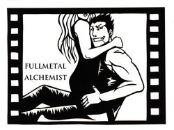  1boy dress female fullmetal_alchemist greed grin homunculus in_lap long_hair monochrome short_hair sitting sitting_on_lap sitting_on_person skin_tight sleeveless smile spiked_hair 