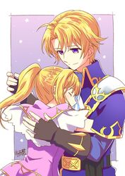  1boy blonde_hair brother_and_sister clarine_(fire_emblem) closed_eyes female fingerless_gloves fire_emblem fire_emblem:_the_binding_blade fuzuki_yuu gloves hug klein_(fire_emblem) ponytail protected_link short_hair siblings skirt smile 