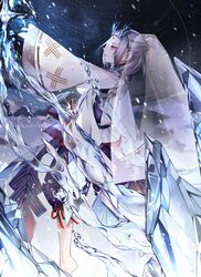  1boy bad_id bad_pixiv_id barefoot commentary_request fur_trim hair_bun highres horns ice japanese_clothes long_hair male_focus onmyoji red_eyes s_(olath) single_hair_bun snowing solo water white_hair yuki_douji_(onmyoji) 