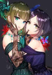  2girls bare_shoulders black_hair blue_dress blue_eyes blue_gemstone blush body_blush bow bracelet breasts brown_hair cleavage collarbone commentary_request dress earrings elbow_gloves eyelashes feathers flower gem gloves green_bow green_dress green_eyes green_gemstone hair_ornament hairbow hayami_kanade heterochromia highres idolmaster idolmaster_cinderella_girls idolmaster_cinderella_girls_starlight_stage jewelry looking_at_viewer mairo medium_breasts mole mole_under_eye multiple_girls mysterious_eyes_(idolmaster) necklace open_mouth parted_bangs parted_lips pearl_bracelet pretty_liar_(idolmaster) purple_background short_hair simple_background swept_bangs takagaki_kaede tied_hair yellow_eyes 