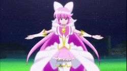  1boy aino_megumi animated animated arm_warmers bow cure_lovely female fighting forever_lovely hairbow happinesscharge_precure! happy long_hair lowres magical_girl pink_eyes pink_hair precure red_(happinesscharge_precure!) red_eyes red_hair skirt 