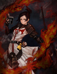  armor axe bad_id bad_pixiv_id battle_axe belt black_hair book brown_eyes cross cross_necklace dungeon_and_fighter female female_priest_(dungeon_and_fighter) fingerless_gloves fire flask gauntlets gloves highres holding holding_axe holding_book holding_weapon inquisitor_(dungeon_and_fighter) jewelry looking_to_the_side necklace pauldrons polearm ponytail serious shoulder_armor solo tabard tamidro weapon 