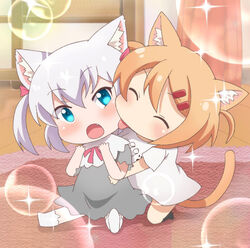  2girls ^_^ animal_ears banboro_(technobot) blue_eyes blush brown_hair cat_ears cat_tail chibi closed_eyes commentary_request elza_(nyanko_days) hair_ornament hairclip licking maa_(nyanko_days) multiple_girls nyanko_days oerba_yun_fang open_mouth shirt short_hair sitting sparkle t-shirt tail two_side_up white_hair 