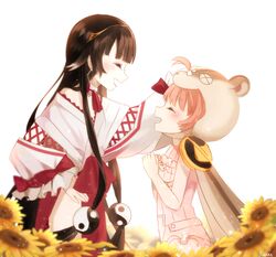  2girls animal_hood black_hair cape cerna_mouse closed_eyes commentary_request flower hand_on_another&#039;s_head hand_on_own_hip happy headpat highres hood japanese_clothes long_hair mahou_shoujo_ikusei_keikaku mahou_shoujo_ikusei_keikaku_restart miko miyokata_no_nako multiple_girls off_shoulder pink_hair smile sunflower yin_yang yunare 