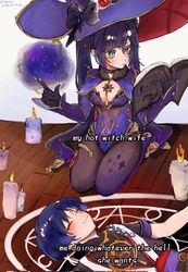  1boy 1girls bangs big_hat blue_eyes blue_hair book candle candles cleavage dengjenk english_text female genshin_impact gloves happy hat hourglass_figure leotard long_hair lying_on_back lying_on_floor lying_on_ground magic magic_book magic_circle magic_user magical_girl male male/female meme mona_(genshin_impact) my_hot_witch_wife on_floor pantyhose pentagram reading reading_book scaramouche_(genshin_impact) smiling spell straight text tight_clothing tights twintails wholesome witch witch_hat witchcraft 