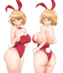  animal_ears ass azur_lane back bare_legs bare_shoulders blonde_hair blush bow bowtie braid breasts cleavage commentary_request crown_braid detached_collar drop_earrings earrings fake_animal_ears female french_braid hand_on_own_chest hand_on_own_hip hand_on_own_stomach highres jewelry leotard looking_at_viewer looking_back oumi_(rsag) parted_lips playboy_bunny prince_of_wales_(azur_lane) rabbit_ears rabbit_tail red_bow red_bowtie red_eyes red_leotard shiny_skin short_hair simple_background standing strapless strapless_leotard sweatdrop tail wavy_mouth white_background wrist_cuffs 