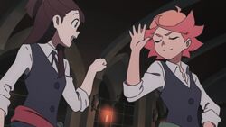  2girls akko_kagari amanda_o&#039;neill animated animated brown_eyes brown_hair fist_bump green_eyes little_witch_academia long_hair multiple_girls orange_hair short_hair 