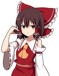  &gt;:( ascot bad_id bad_twitter_id bare_shoulders blush bow breasts brown_eyes brown_hair closed_mouth collar collared_shirt cowboy_shot detached_sleeves enushi_(toho193) female food frilled_bow frilled_shirt_collar frills frown hair_between_eyes hair_tubes hairbow hakurei_reimu highres holding holding_food looking_at_viewer midriff nontraditional_miko ohagi_(food) red_bow red_skirt ribbon-trimmed_sleeves ribbon_trim shirt short_hair simple_background skirt skirt_set small_breasts solo touhou v-shaped_eyebrows white_background white_collar white_sleeves wide_sleeves yellow_ascot 