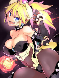  alternate_costume bare_shoulders blonde_hair blue_eyes blue_gemstone bowsette bracelet breasts brooch cleavage collar commentary_request covered_navel covered_nipples crown earrings female fire fireball gem hair_between_eyes hair_bobbles hair_ornament hand_up horns jewelry large_breasts long_hair looking_at_viewer mario_(series) navel new_super_mario_bros._u_deluxe open_mouth pointy_ears ponytail powering_up see-through sharp_teeth shiny_skin short_hair sidelocks smile solo spiked_bracelet spiked_collar spiked_knuckles spiked_shell spiked_tail spikes super_crown tail teeth thick_thighs thighs tomoshibi_hidekazu toned 