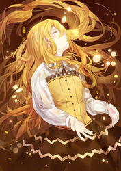  absurdres blonde_hair brown_background closed_eyes commentary_request female ferrero ferrero_rocher hair_over_one_eye highres long_hair original personification photoshop_(medium) simple_background skirt solo sunyuqian very_long_hair 