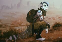  anthro backpack biped clothed clothing crouching felid field fully_clothed fur grass hair jeanwoof male mammal open_mouth outside pantherine plant sky skyline snow snow_leopard snowing solo victory_(texdot) 