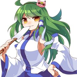  ahoge alternate_hair_ornament armpits bad_id bad_pixiv_id breasts cauchemar_(p&amp;d) collared_shirt detached_sleeves female gohei green_hair hair_ornament hair_tubes hairband hand_on_own_hip kochiya_sanae kozakura_(dictionary) large_breasts long_hair looking_at_viewer no_bra puzzle_&amp;_dragons shirt skirt smile smug snake_hair_ornament solo touhou wide_sleeves yellow_eyes 