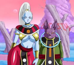  1boy bracelet breasts champa cleavage curly_hair dicasty dragon_ball dragon_ball_super female hips large_breasts lipstick long_hair navel ponytail purple_lipstick stomach together vados_(dragon_ball) very_long_hair wide_hips 