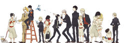  6+boys 6+girls annie_leonhart arguing armband armin_arlert bag bertolt_hoover commentary_request connie_springer eating eren_yeager erwin_smith formal gakuran hands_on_own_hips hange_zoe highres hug jean_kirstein k7_(kk7_000) krista_lenz ladder levi_(shingeki_no_kyojin) mikasa_ackerman multiple_boys multiple_girls necktie pet photoshop_(medium) reiner_braun sasha_blouse scarf school_bag school_uniform serafuku shingeki_no_kyojin suit titan_(shingeki_no_kyojin) ymir_(shingeki_no_kyojin) 