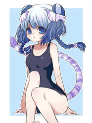  blue_eyes blue_hair blush braid breasts cat_hair_ornament cleavage commentary_request double_bun female hair_bun hair_ornament haku_(p&amp;d) long_hair medium_breasts multicolored_hair one-piece_swimsuit parted_lips photoshop_(medium) puzzle_&amp;_dragons solo swimsuit tail takoyaki_kenken tiger_tail twin_braids two-tone_hair white_hair 