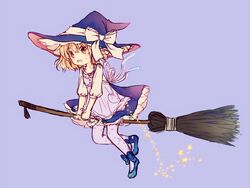  :o adapted_costume blonde_hair blue_footwear blush broom broom_riding commentary_request dress female hat kirisame_marisa purple_thighhighs shoes short_hair siva solo sparkle star_(symbol) surprised sweatdrop thighhighs touhou witch_hat yellow_eyes 