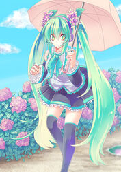  bad_id bad_pixiv_id day detached_sleeves female flower frills green_eyes green_hair hair_flower hair_ornament hatsune_miku highres hydrangea long_hair skirt sky solo sterilizedgauze-qhx thighhighs twintails umbrella very_long_hair vocaloid 